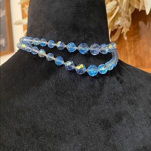 Vintage Blue Aurora Borealis Crystal Double Strand Choker Necklace Gold Tone